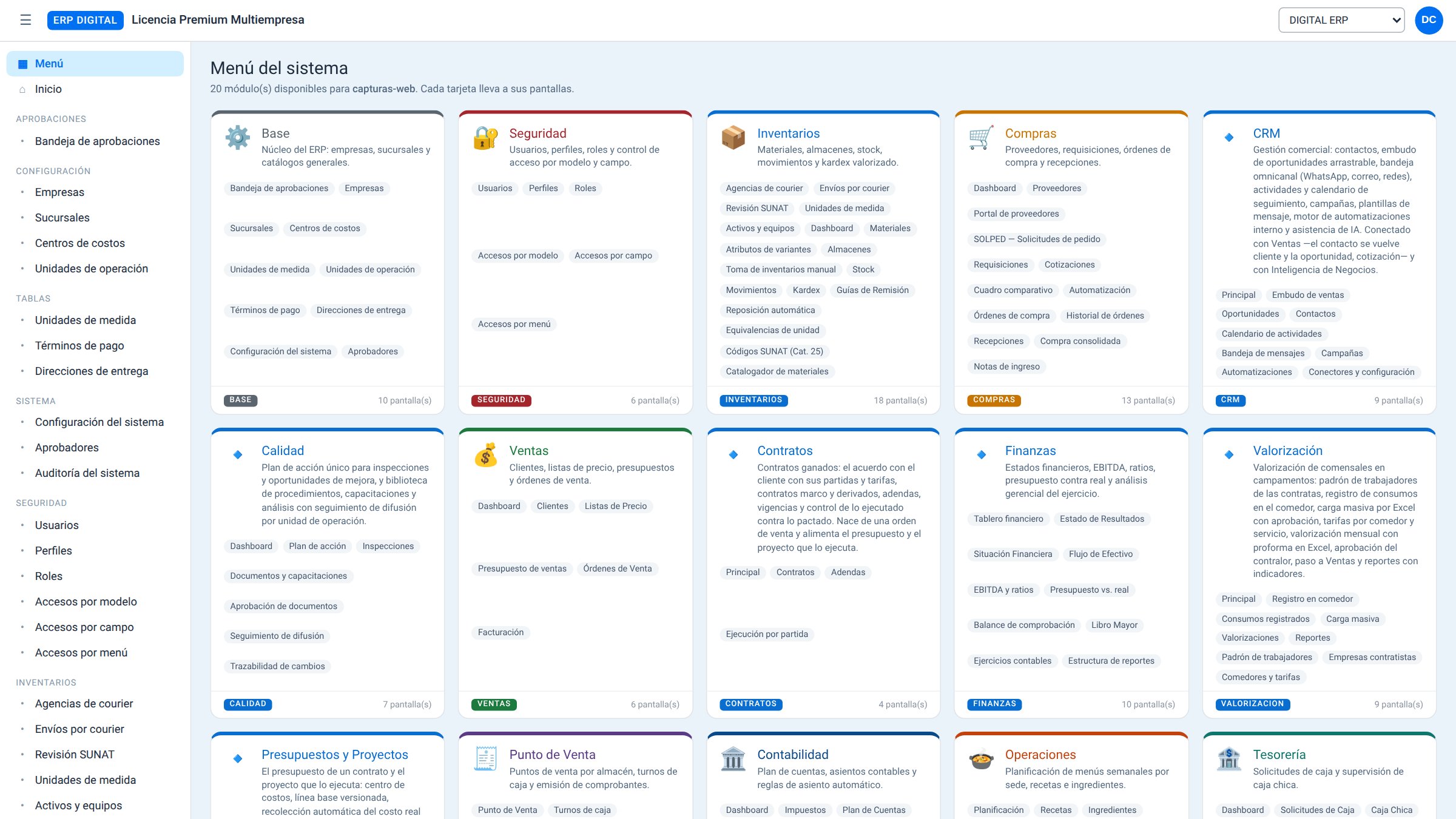 Menú de módulos de ERP Digital